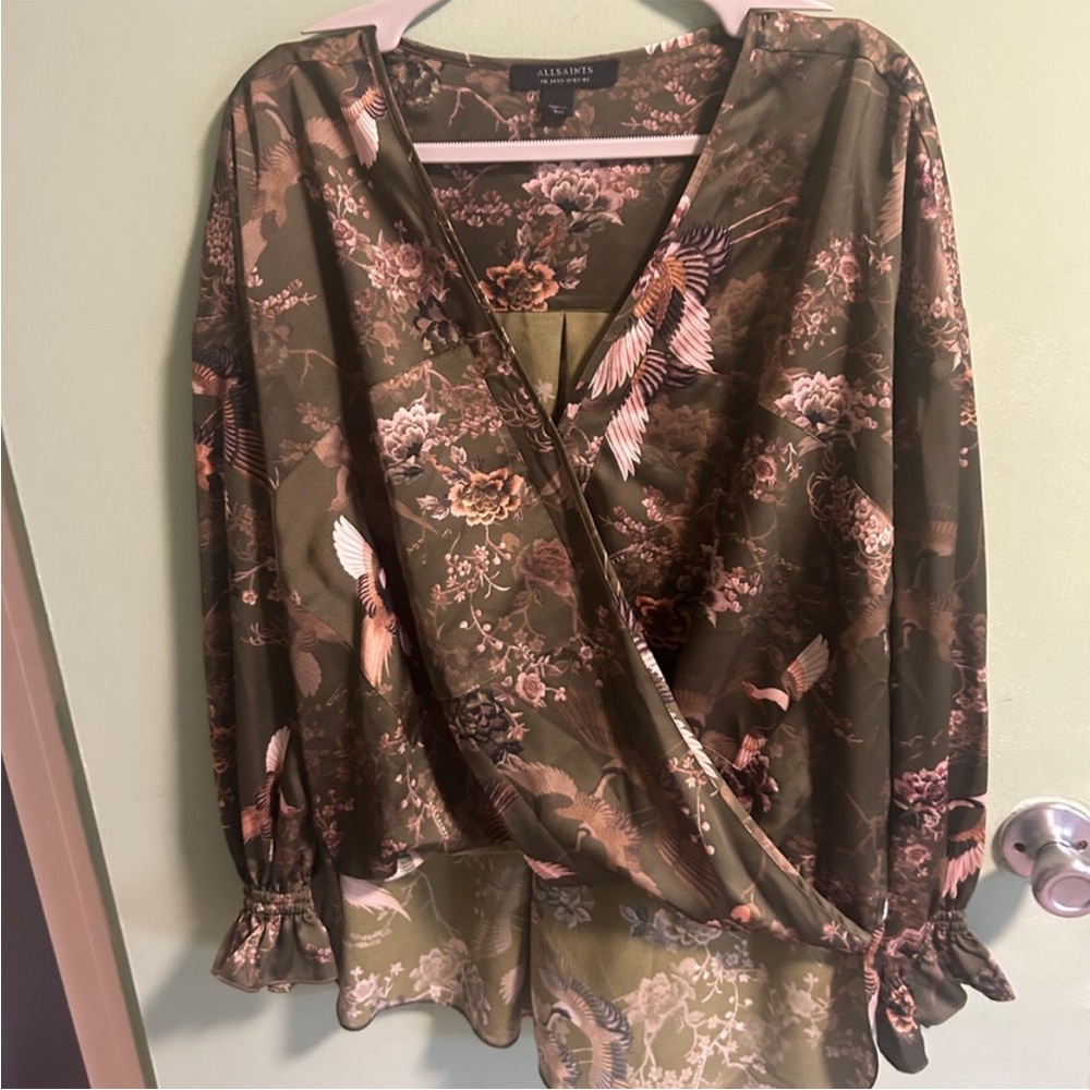 AllSaints Olive Bird Print Wrap Blouse Top XL NWOT